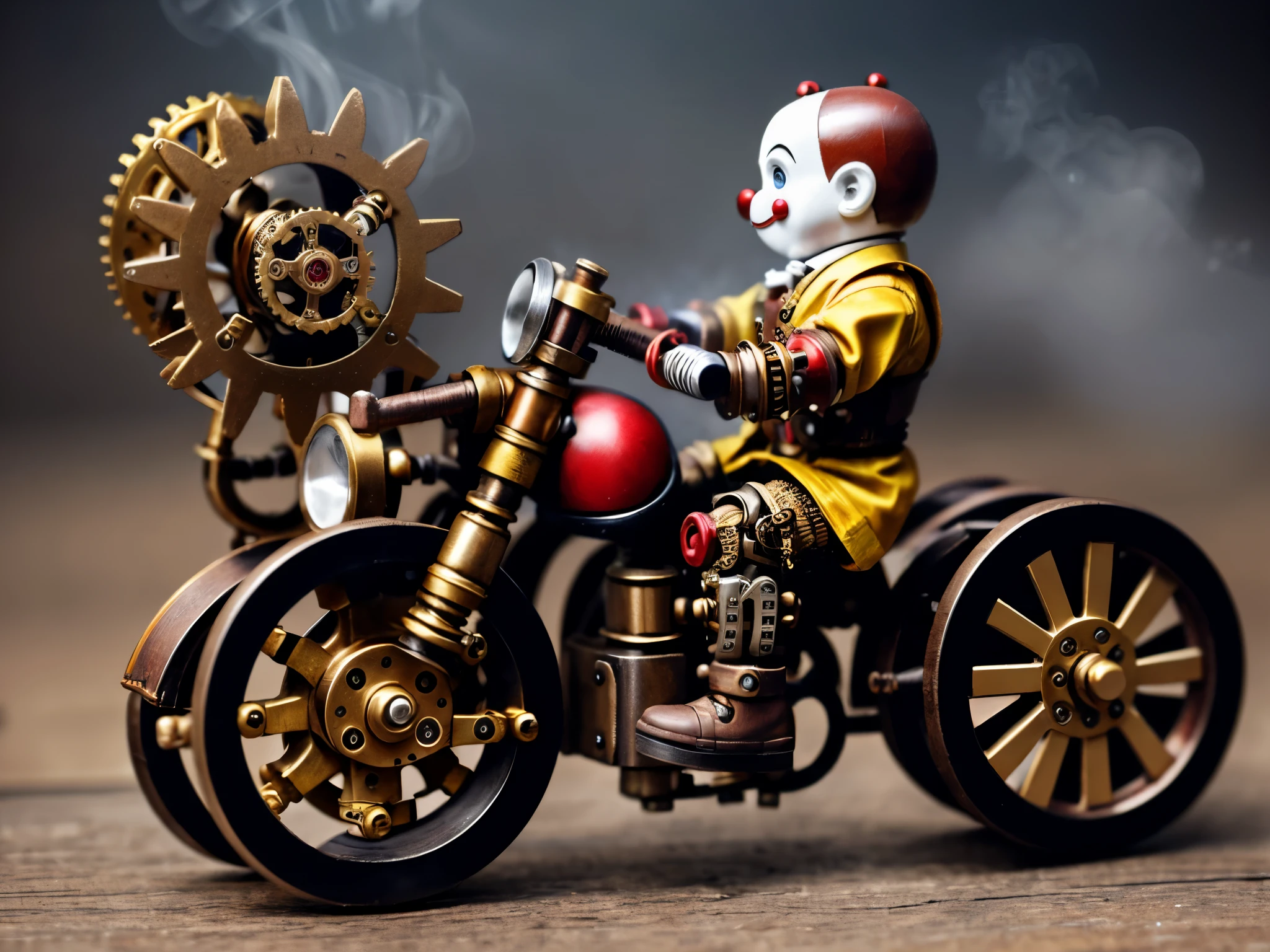 steampunk_midget_clown, riding_a_mini_ bike, robotic_steampunk_robot_ automata, clockpunk, steampunk, steam_powered, lots of gears, steam_lots of_gears_belts