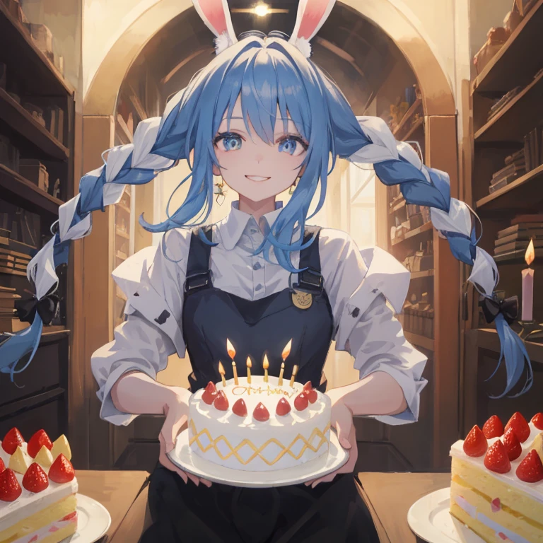 (shape: Used Pecora), Bunny girl, blue hair, twin braids, girl, alone, {{masterpiece}}, highest quality, Highly detailed CG Unity 8K wallpaper, cinematic lighting, Lens flare, beautiful detailed eyes, ((best smile)),cake,(birthday)