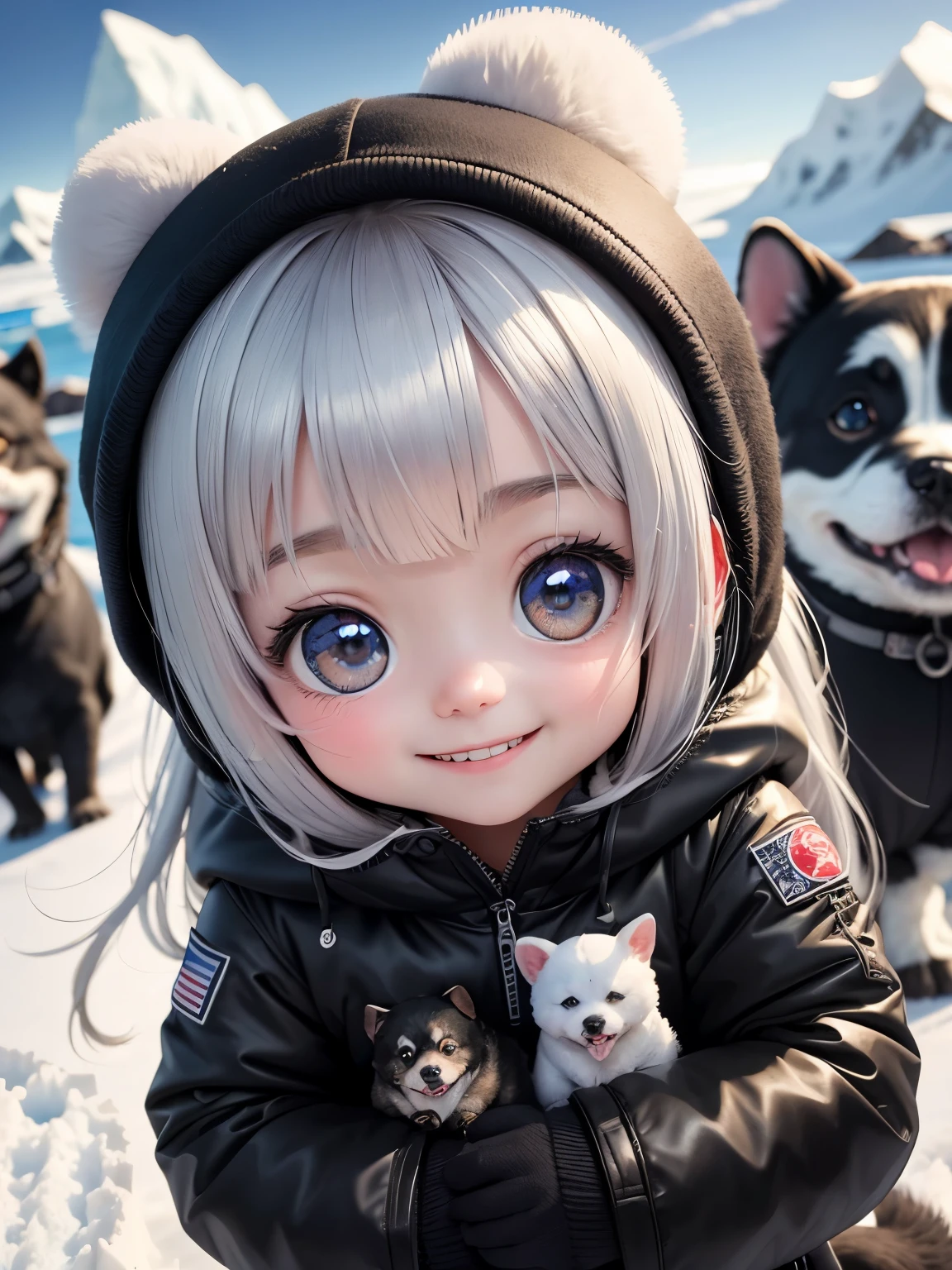 best image quality、Antarctic expedition、2black dog、A fun and cute smile、best smile、chibi character、super deformed、big head and small body、Very pretty girl、long silver hair、Surprisingly big bright eyes、2Dog、With dark-colored puppies Taro and Jiro、A very happy smile、Antarctic landscape、