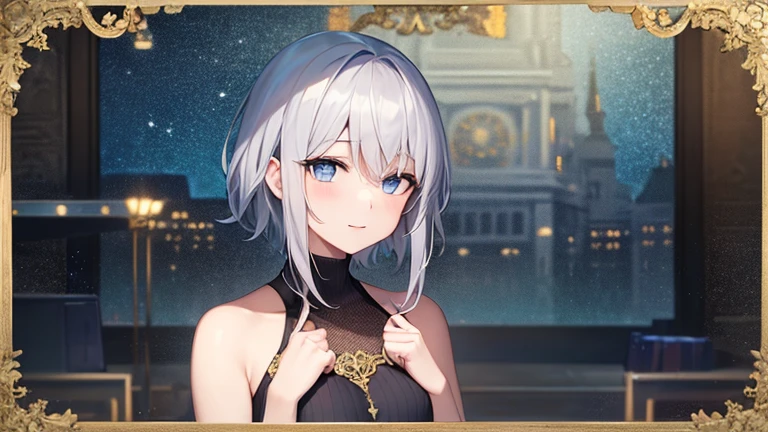 super high quality, with a girl, 20-year-old, very short hair, long bangs between the eyes, pale blue eyes , very detailed,(masterpiece、highest quality)、alone、gray hair、laughter、fantasy, silver hair, black eye, beautiful eyes,, ecstasy, charm, be smitten with audience, fantasyな風景、Sports Clothing