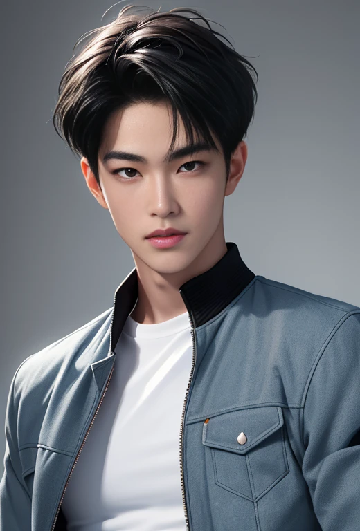 High quality, masterpiece, highly detailed, 8k, perfect face, perfect body, realistic, photogenic, man, Asian, young, black hair, short hair, handsome, detailed eyes, beautiful detailed nose, realistic body, realistic light, comfortable expressions, cute guy, sweat guy, cool guy, abs sixpack, model style, full body, clean skin, jacket