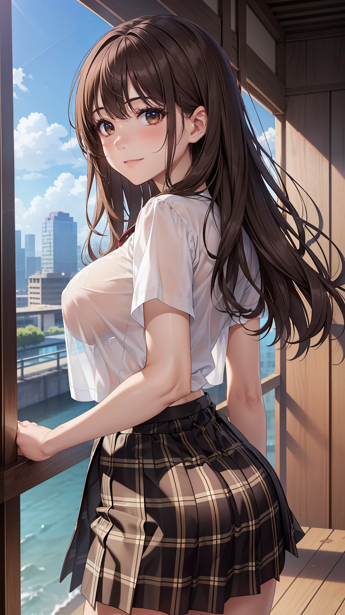 ((table top, highest quality, High resolution, perfect pixel,  4K)), 1 girl, single, alone, beautiful woman、I could see the whole body、 ((middle wavy hair, bangs, brown hair)), ((brown eyes, beautiful eyelashes, realistic eyes)), ((detailed face, blush:1.2)), ((smooth texture:0.75, realistic texture:0.65, realistic:1.1, Anime CG style)), medium breasts, dynamic angle, perfect body, ((Sheer white shirt, transparent nipples, black skirt, plaid skirt)), City staircase、Angle looking up from the bottom of the stairs、Very embarrassing panic smile, looked back、leaning forward、(The wind flipped my skirt and exposed my butt.、Touching the buttocks with both hands、Light Pink Lace Panties)