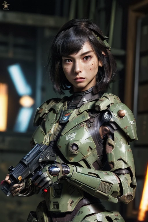 xtremely detailed CG unity 32K wallpaper, top quality, masterpiece, raw photo, photorealistic, highest resolution, professional photo, dynamic, cinematic lighting, (cyberpunk:1.4), science fiction, sharp focus, depth of field, (perfect body, correct anatomy, correct body proportion:1.5), intricately detailed face, expressive face, POV, (from front:1.3), 1 girl, ((female soldier:1.4)), mecha-musume, solo, (cowboy shot:1.2), black hair, (short hair:1.1), ultra-realistic skin, detailed skin, tanned skin, dark and bright eyes, highly detailed nose and lips, beautiful nose, expressionless, (camouflaged, combat uniform:1.5), (slender, medium breast:1.4), perfect body proportion, ((powered suit, mechanical body armor, highly weaponized body:1.3)), ((in combat with hostile armed group:1.2)), (((a pair of anti-tank rocket launchers is mounted on the girl's both shoulders:1.5))), ((holding 1 blaster rifle:1.5)), ((aiming the blaster rifle:1.5)), (((noon, daytime, vandalized town:1.3)))