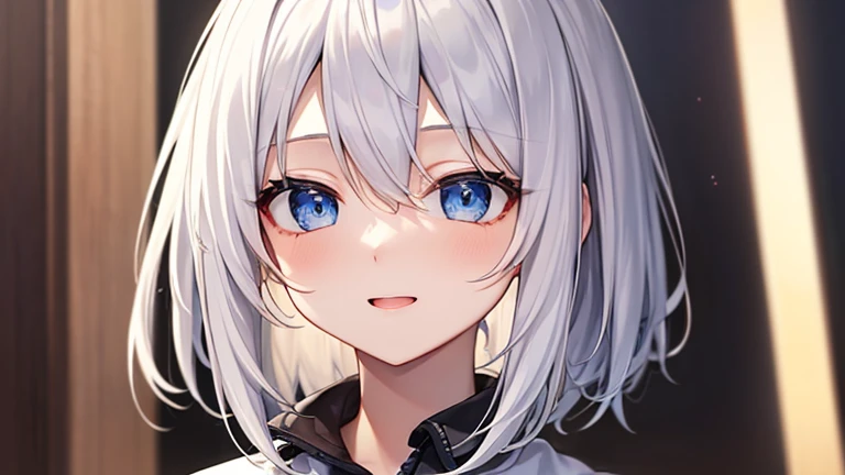 super high quality, with a girl, 20-year-old, very short hair, long bangs between the eyes, pale blue eyes , very detailed,(masterpiece、highest quality)、alone、gray hair、laughter、fantasy, silver hair, black eye, beautiful eyes,, ecstasy, charm, be smitten with audience, fantasyな風景、evening、Sports Clothing