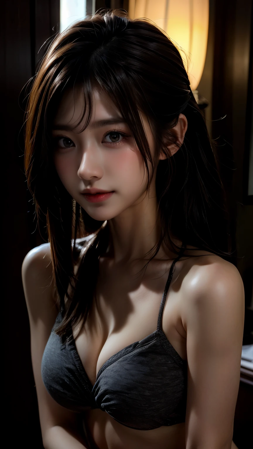 (masterpiece:1.3), (8K, Photoreal, Raw photo, best image quality: 1.4), Japanese high school girl、(random hairstyle:1.2)、cleavage:1.2、super detail face、eye for details、double eyelid、chest to chest、sharp focus:1.2、Beautiful woman:1.4、light brown hair、highest quality、masterpiece、Super high resolution、(Photoreal:1.4)、Highly detailed and professionally lit smiles、loose and light knitwear、shoulder out、thin、serious expression、short haired、deadly position black bikini