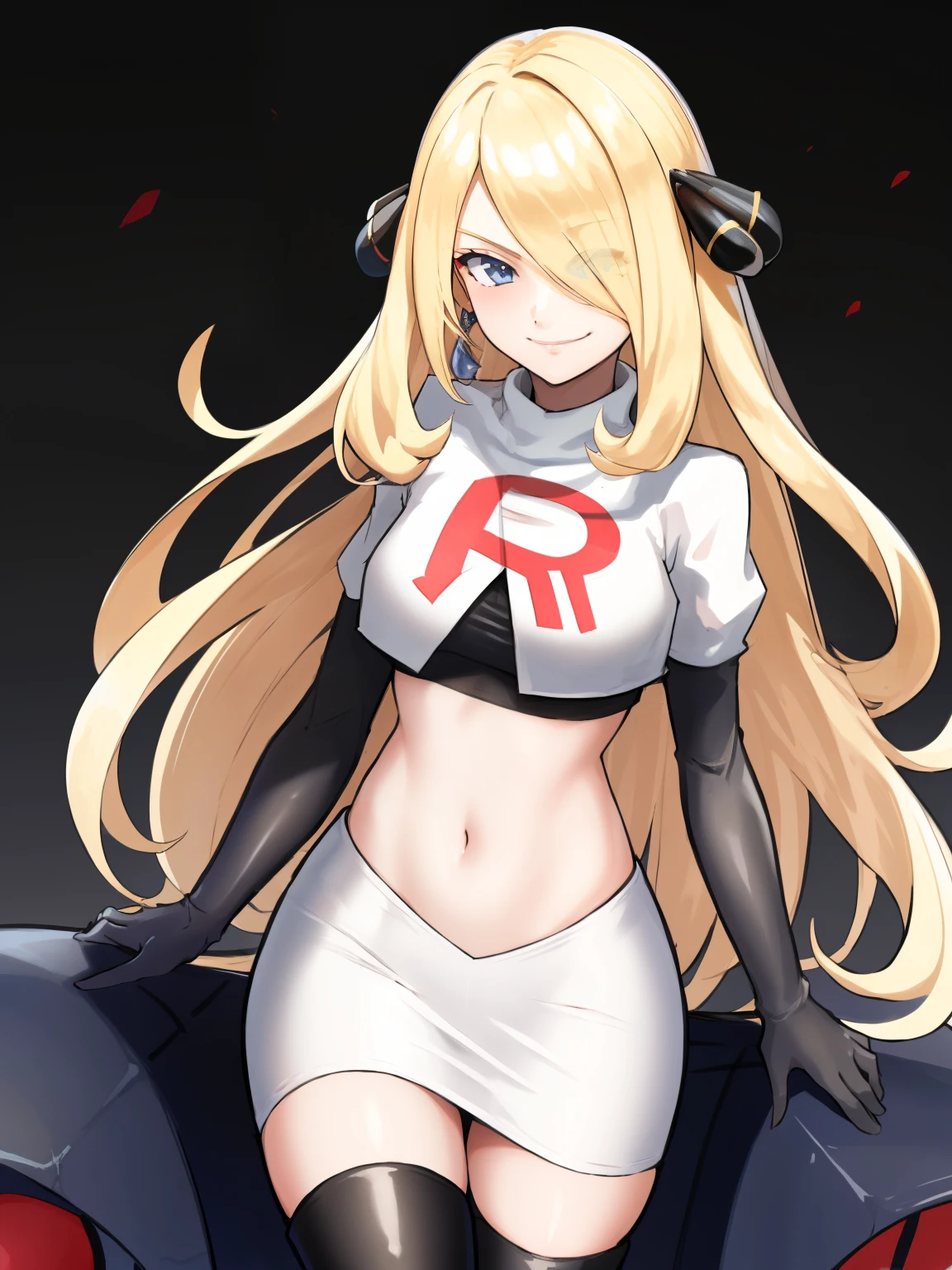 cynthia (pokemon), 1girl, solo ,blonde hair, blue eyes ,hair covering one eye, hair ornament ,glossy lips, earings ,team rocket uniform, red letter R, white skirt,white crop top,black thigh-high boots, black elbow gloves, closed mouth, evil smile, 