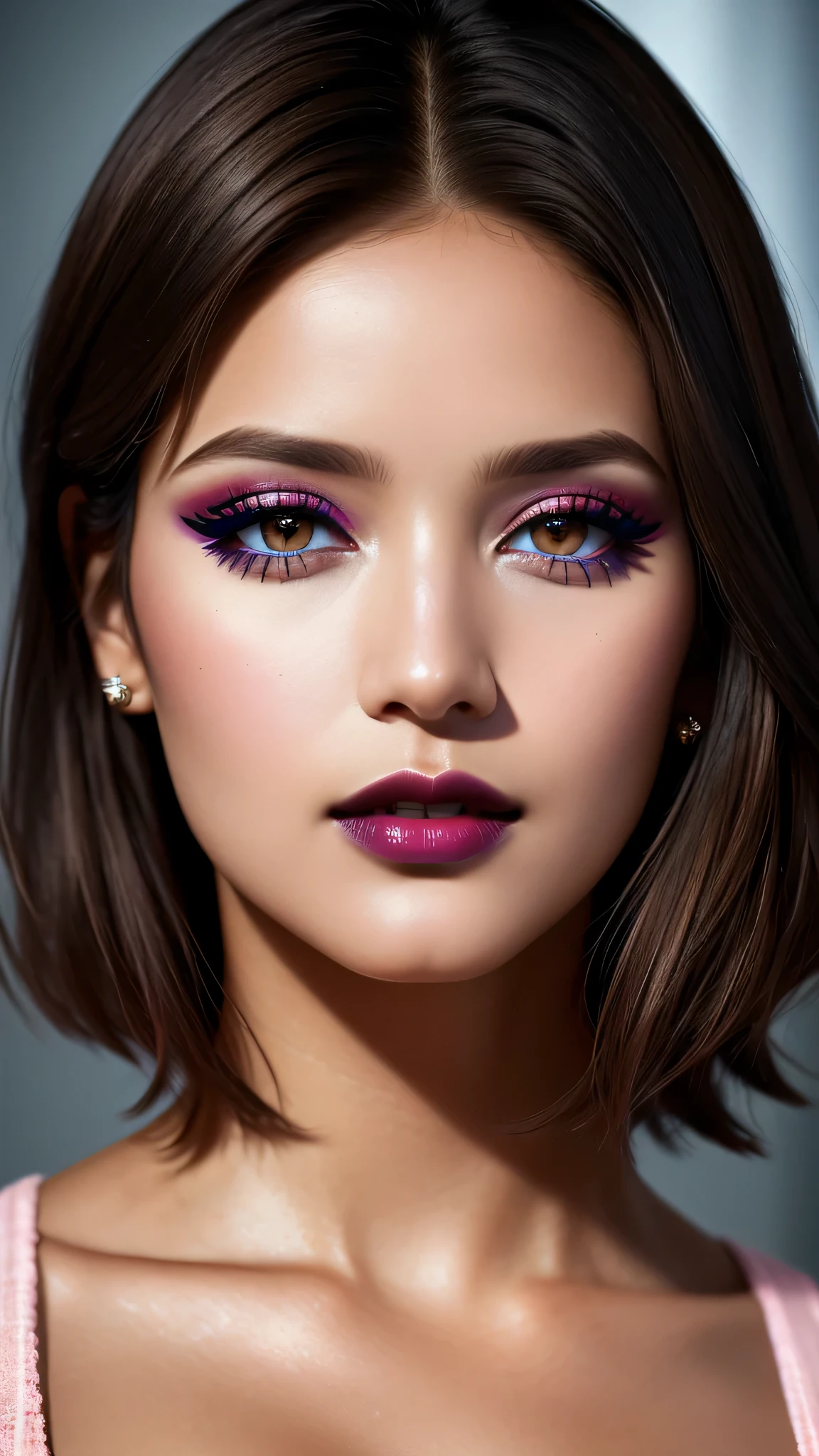 (((close up of face))), Ultra-realistic movie master pie with ultra-detailed primetime portraits, 最high quality, 8K, table top, Ultra HD), 1girl:1.4 25 years old、fashion supermodel、masterpiece, 最high quality, high quality, High resolution, (Glamour, paparazzi taking pictures of her), (light dark short hair, extremely detailed), high contrast, (dark shot:1.07), Long 2blue_eyelashes:1.33, (dark_eyeshadows:1.25), red_lips:1.2, ((brown_eyes:1.3)), (pink_makeup:1.25), ((tanned brown skin:1.22))