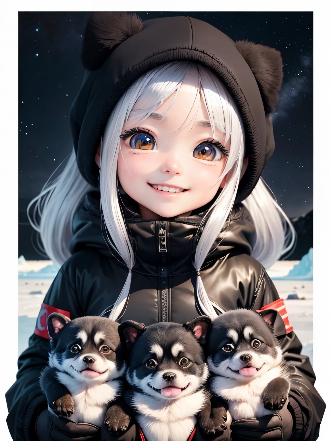 best image quality、Antarctic expedition、2black dog、A fun and cute smile、best smile、chibi character、super deformed、big head and small body、Very pretty girl、long silver hair、Surprisingly big bright eyes、2Dog、With dark-colored puppies Taro and Jiro、A very happy smile、Antarctic landscape、