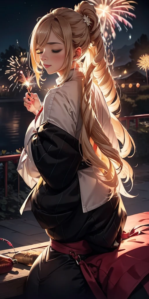 (((masterpiece))), (1girl:1.5), hyper detailed, highres, ((best quality)), (extremely delicate and beautiful), {8k cg wallpaper}, illustration, (blush), (braided ponytail | ponytail | hairbun), (extremely detailed background:1.6), (very long black hair|blonde hair), detailed face, night, festival, (kimono:0.7), outdoors, lantern, (fireworks:1.4), paper lantern, snow, wind, snowflakes, hair ornament, closed eyes, (from behind:1.3), sitting, river, riverbank, starry sky, (holding hands:0.6), leaning on person, pointing, on heaven