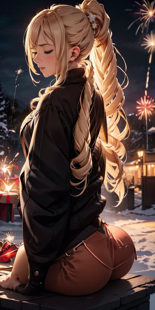 (((masterpiece))), (1girl:1.5), hyper detailed, highres, ((best quality)), (extremely delicate and beautiful), {8k cg wallpaper}, illustration, (blush), (braided ponytail | ponytail | hairbun), (extremely detailed background:1.6), (very long black hair|blonde hair), detailed face, night, festival, (kimono:0.7), outdoors, lantern, (fireworks:1.4), paper lantern, snow, wind, snowflakes, hair ornament, closed eyes, (from behind:1.3), sitting, river, riverbank, starry sky, (holding hands:0.6), leaning on person, pointing, on heaven
