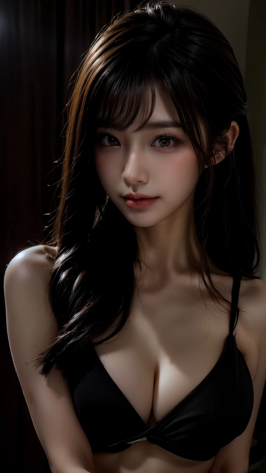 (masterpiece:1.3), (8K, Photoreal, Raw photo, best image quality: 1.4), Japanese high school girl、(random hairstyle:1.2)、cleavage:1.2、super detail face、eye for details、double eyelid、chest to chest、sharp focus:1.2、Beautiful woman:1.4、light brown hair、highest quality、masterpiece、Super high resolution、(Photoreal:1.4)、Highly detailed and professionally lit smiles、loose and light knitwear、shoulder out、thin、serious expression、short haired、deadly position　black bikini