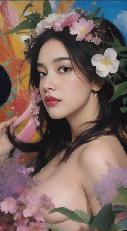 4k highly detailed realistic ((full body including legs)) photo of beautiful 20-year-old sweaty a colorful Palette Knife Oil Painting ,animated girl with pink and blue grass,in the style of over,high contrast,tropical baroque,bio-art,light violet,cornelia parker,uhd image,botanical impressions,, best quality, masterpiece, highres, absurdres, incredibly absurdres, huge filesize, wallpaper, colorful,8K,RAW photo, Beautiful detailed girl, (oil painting:1.5), (NSFW:1.2), 1girl laying, feature, pureerosface_v1, Ambilight, slender waist, (splash, brushwork:1.5),double exposure, fussion of fluid abstract art,(original illustration composition),( fusion of limited color, maximalism artstyle, geometric artstyle) Incorporate vibrant colors, dynamic brushstrokes, and intriguing textures to capture the essence of the subject's inner world, capturing a surrealist vision, Perfect centralization, Um caozinho bonito ruivo por toda parte, Usa uma jaqueta, Standing position, beleza abstrata, Centrado, looking at the camera, Facing the camera, nearing perfection, Dynamic, luar, altamente detalhado, pintura digital, art stations, Conceito-Arte, liso, sharp focus, 8k, high-definition resolution, illustration, arte de Carne Griffiths e Wadim Kashin, fundo futurista.