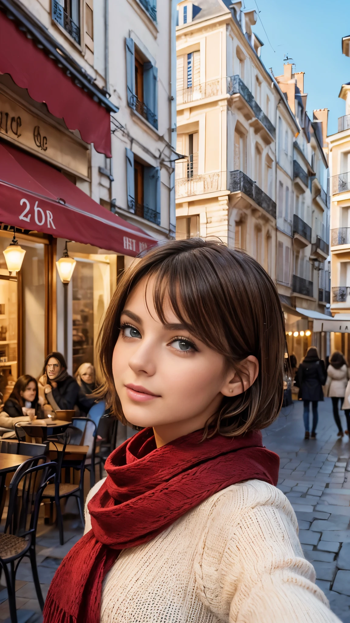 (girl, model, short hair, completely brunette hair, Wear against cold, red scarf, French cityscape, Open Cafe Terrace, Travel Photography, surreal, Selfie Pose),(figure, High resolution, Bright colors:1.1, detailed girl's face:1.1),(beautiful, fine eyes, beautiful, detailed lips, long eyelashes),(blurry, background:0.9, Bustling Crowds, charming french architecture),(soft lighting, warm tones),(portrait, fashion)