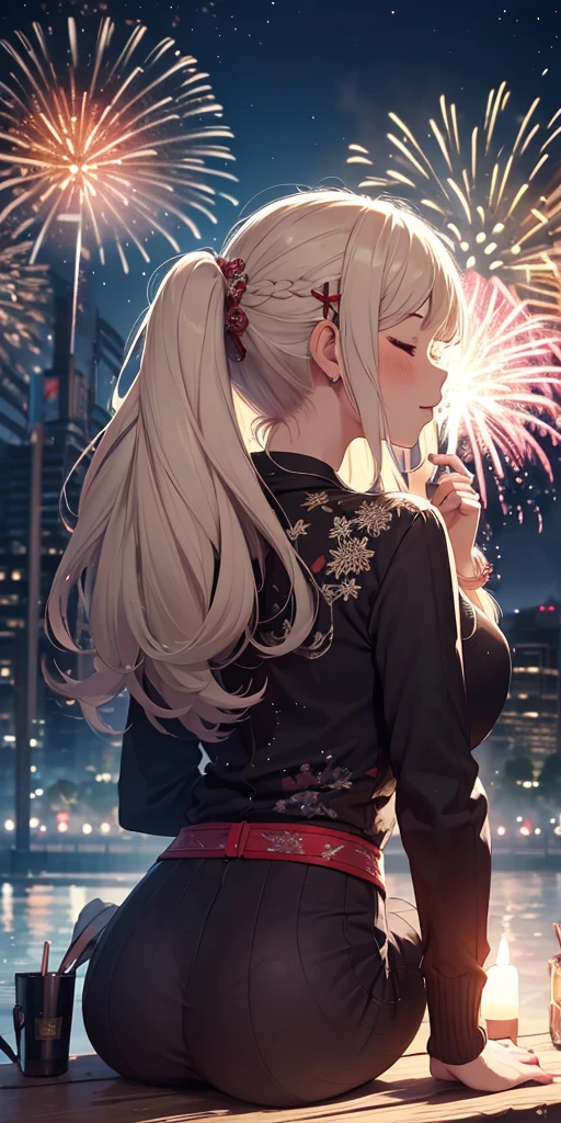 (((masterpiece))), (1girl:1.5), hyper detailed, highres, ((best quality)), (extremely delicate and beautiful), {8k cg wallpaper}, illustration, (blush), (braided ponytail | ponytail | hairbun), (extremely detailed background:1.6), (very long black hair|blonde hair), detailed face, night, festival, (kimono:0.7), outdoors, lantern, (fireworks:1.4), paper lantern, snow, wind, snowflakes, hair ornament, closed eyes, (from behind:1.3), sitting, river, riverbank, starry sky, (holding hands:0.6), leaning on person, pointing, on heaven