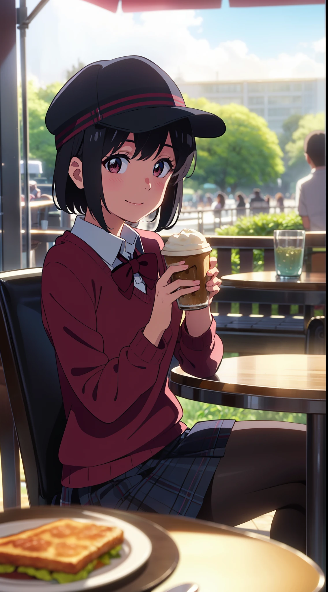 shinkai makoto, kimi no na wa., 1girl, bangs, black hair, blush, bright eyes, brown eyes, red headband, red bow, red ribbon, short hair, smile, cute, beautiful, shiny skin, perfect body, perfect hands, looking at viewer, sweater, shirt, flatcap, skirt, plaid skirt, evening, sunset, cloudy, outdoors, summer festival, Amusement park, dynamic lights, restaurant, resto, cafe, coffee, table, chair, sitting, drinking