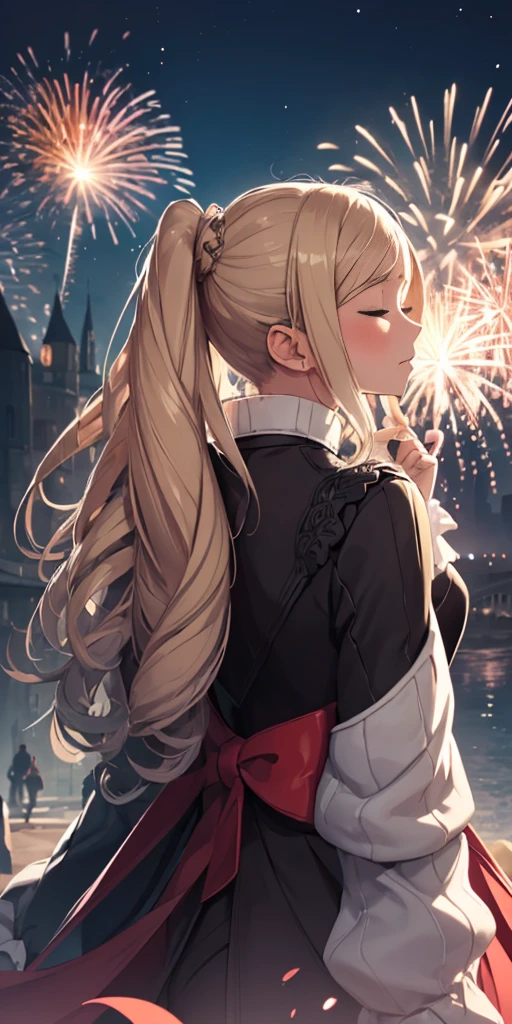 (((masterpiece))), (1girl:1.5), hyper detailed, highres, ((best quality)), (extremely delicate and beautiful), {8k cg wallpaper}, illustration, (blush), (braided ponytail | ponytail | hairbun), (extremely detailed background:1.6), (very long black hair|blonde hair), detailed face, night, festival, (kimono:0.7), outdoors, lantern, (fireworks:1.4), paper lantern, snow, wind, snowflakes, hair ornament, closed eyes, (from behind:1.3), sitting, river, riverbank, starry sky, (holding hands:0.6), leaning on person, pointing, on heaven