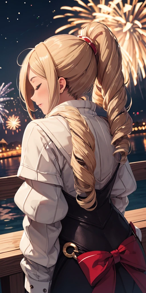 (((masterpiece))), (1girl:1.5), hyper detailed, highres, ((best quality)), (extremely delicate and beautiful), {8k cg wallpaper}, illustration, (blush), (braided ponytail | ponytail | hairbun), (extremely detailed background:1.6), (very long black hair|blonde hair), detailed face, night, festival, (kimono:0.7), outdoors, lantern, (fireworks:1.4), paper lantern, snow, wind, snowflakes, hair ornament, closed eyes, (from behind:1.3), sitting, river, riverbank, starry sky, (holding hands:0.6), leaning on person, pointing, on heaven