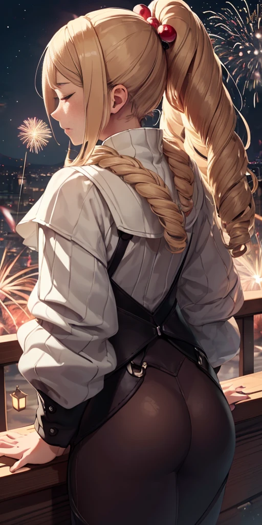 (((masterpiece))), (1girl:1.5), hyper detailed, highres, ((best quality)), (extremely delicate and beautiful), {8k cg wallpaper}, illustration, (blush), (braided ponytail | ponytail | hairbun), (extremely detailed background:1.6), (very long black hair|blonde hair), detailed face, night, festival, (kimono:0.7), outdoors, lantern, (fireworks:1.4), paper lantern, snow, wind, snowflakes, hair ornament, closed eyes, (from behind:1.3), sitting, river, riverbank, starry sky, (holding hands:0.6), leaning on person, pointing, on heaven
