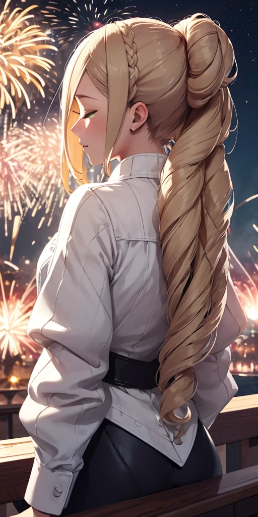 (((masterpiece))), (1girl:1.5), hyper detailed, highres, ((best quality)), (extremely delicate and beautiful), {8k cg wallpaper}, illustration, (blush), (braided ponytail | ponytail | hairbun), (extremely detailed background:1.6), (very long black hair|blonde hair), detailed face, night, festival, (kimono:0.7), outdoors, lantern, (fireworks:1.4), paper lantern, snow, wind, snowflakes, hair ornament, closed eyes, (from behind:1.3), sitting, river, riverbank, starry sky, (holding hands:0.6), leaning on person, pointing, on heaven
