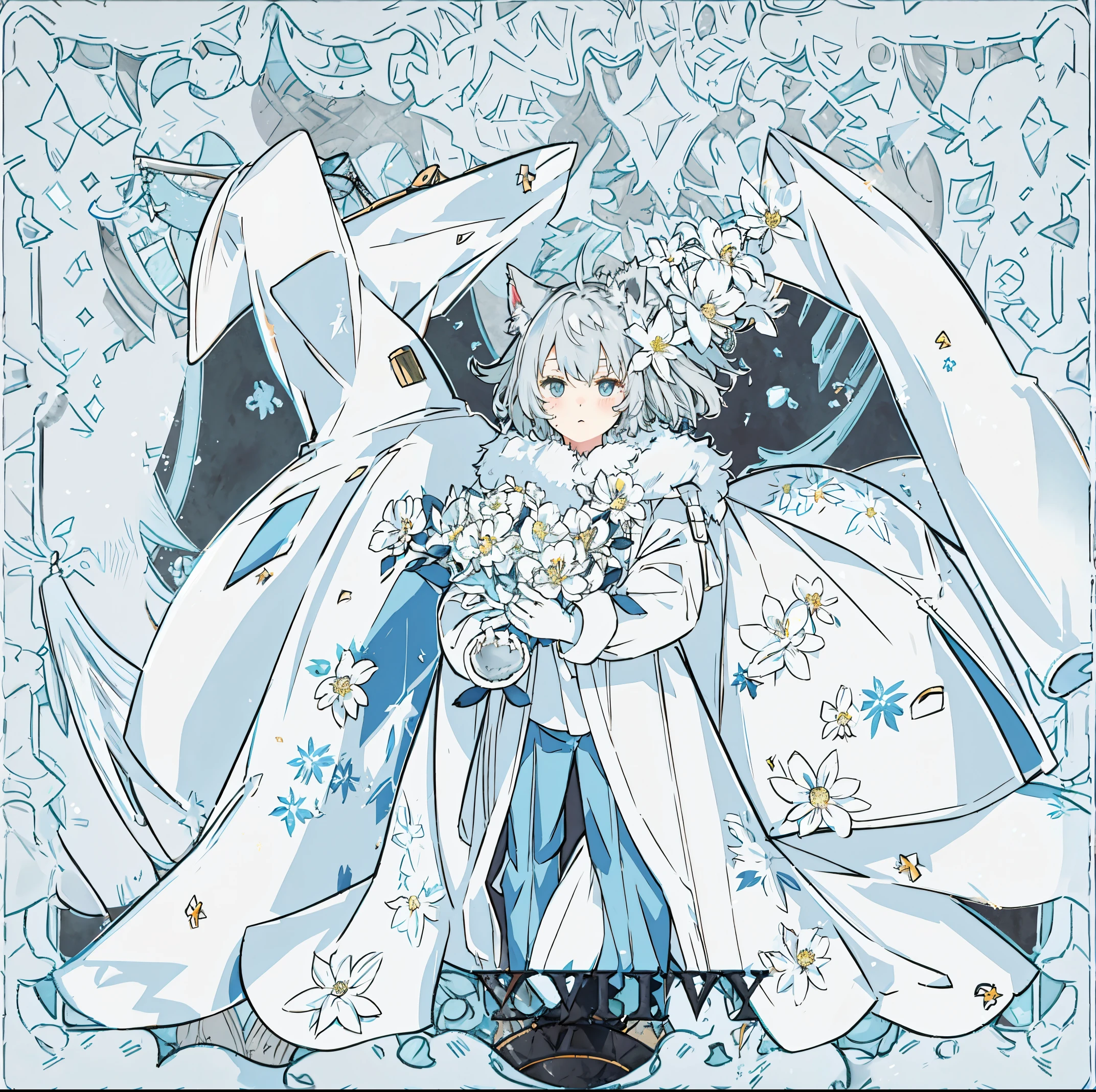 {{{masterpiece}}},{{{highest quality}}}, looking at the viewer, gray hair, short hair, hair ornaments,loose coat, cute, White flower, Broke up ,white background,dynamic angle, ,Cat ear ,{{blue pick dye}},juvenile，white legwear,Upper body,Paw gloves,blue pants，blue eyes，