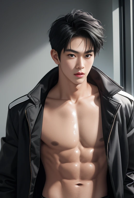 High quality, masterpiece, highly detailed, 8k, perfect face, perfect body, realistic, photogenic, man, Asian, young, black hair, short hair, handsome, detailed eyes, beautiful detailed nose, realistic body, realistic light, comfortable expressions, cute guy, sweat guy, cool guy, abs sixpack, model style, full body, clean skin, jacket