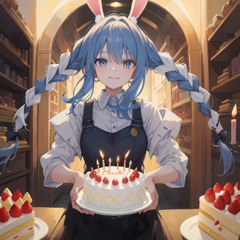 (shape: Used Pecora), Bunny girl, blue hair, twin braids, girl, alone, {{masterpiece}}, highest quality, Highly detailed CG Unity 8K wallpaper, cinematic lighting, Lens flare, beautiful detailed eyes, (smile),cake,(birthday)