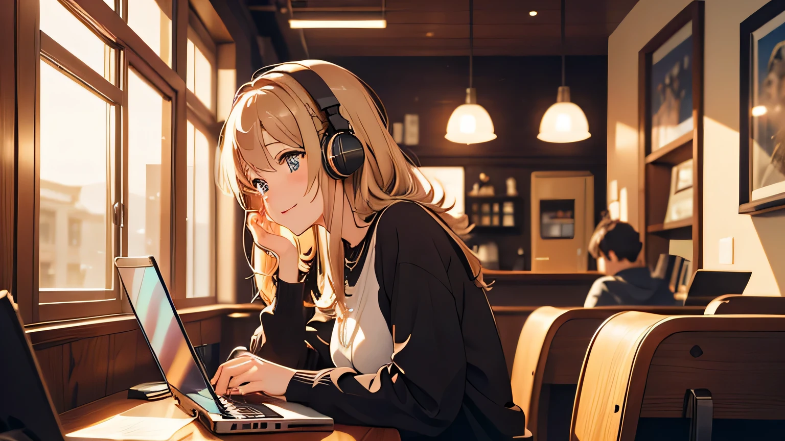 (longshot), wideshot, (film noise), (coffee shop 1.3), cozy chilled bedroom, (masterpiece, highest quality, highest quality, official art, beautiful and aesthetic: 1.2), (woman smiling, listening to music with 1 headphones and working on her laptop computer), very detailed, (fractal art: 1.4), supreme detail, coffee makers, (notes: 1.4), ( lo-fi hip-hop), side view, anime texture, solo, picture of coffee shop