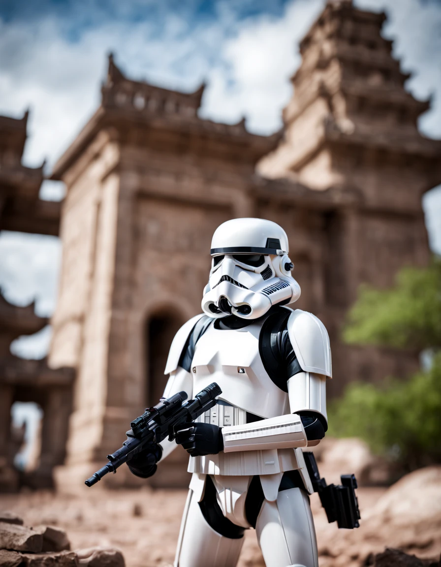 raw photo, tilt shift, sci-fi, stormtrooper, [bold contrasts],  sharp focus, temple background, wide view