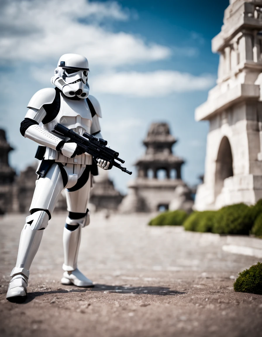 raw photo, tilt shift, sci-fi, stormtrooper, [bold contrasts],  sharp focus, temple background, wide view
