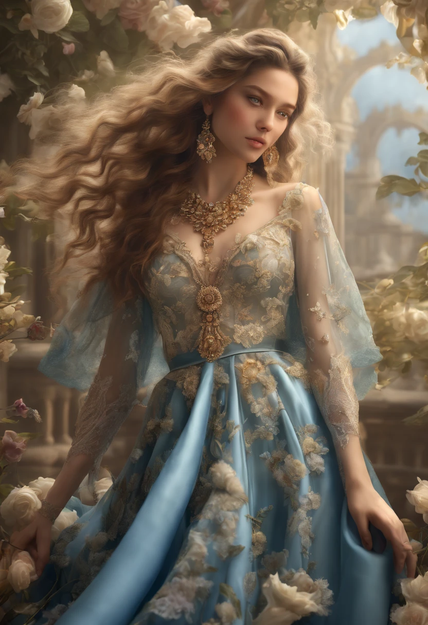 (Best quality,8K,A high resolution,Masterpiece:1.2),Ultra-detailed,(Realistic,Photorealistic,photo-realistic:1.37),Portrait,Creative style artwork,Historical,classical,Sophisticated,plethora of colors,Highly detailed,Soft lighting,luxurious environment,detailed gown,Vibrant flowers,detailed jewellery,Ethereal atmosphere,Elegant Pose,Graceful curves,Gold body proportions,Flowing hair,Breathtaking textile patterns,blue colors,green color,Delicate floral decoration,A dazzling array of crystal accessories,Mysterious and dreamy atmosphere,Impeccable attention to detail.