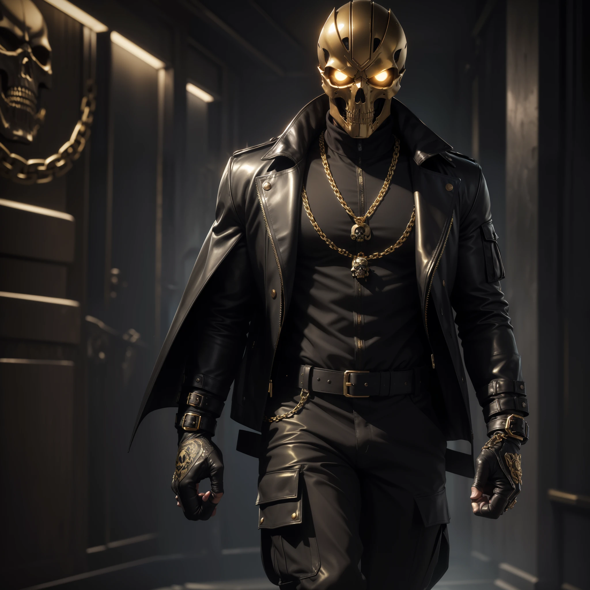 (mastepiece), (best quality), (ultra-detailed), (masterpiece), (best quality), (ultra-detailed), dark lighting, android, male, skull face, menacing, ((full body)), large, staring at viewer, (solo focused), solo focus, sinister, away from the camera, gold chain, black leather coat, brass knuckles, cargo pants