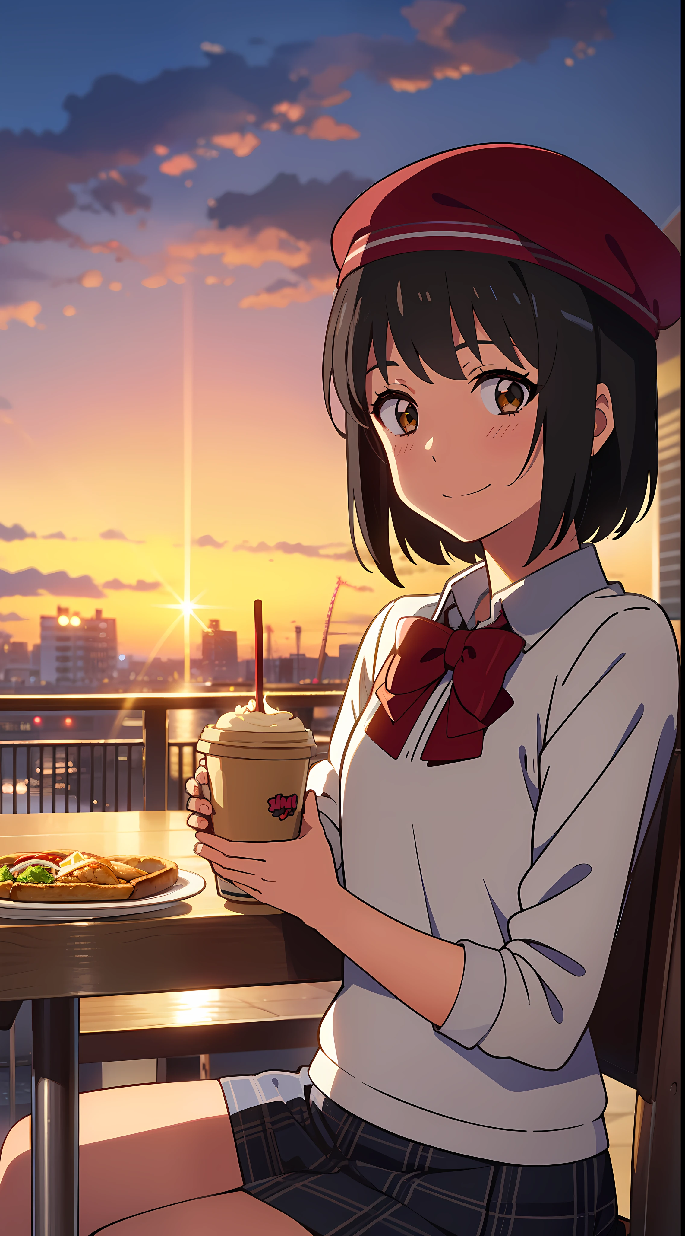 shinkai makoto, kimi no na wa., 1girl, bangs, black hair, blush, bright eyes, brown eyes, red headband, red bow, red ribbon, short hair, smile, cute, beautiful, shiny skin, perfect body, perfect hands, looking at viewer, sweater, shirt, flatcap, skirt, plaid skirt, evening, sunset, cloudy, outdoors, summer festival, Amusement park, dynamic lights, restaurant, resto, cafe, coffee, table, chair, sitting, drinking