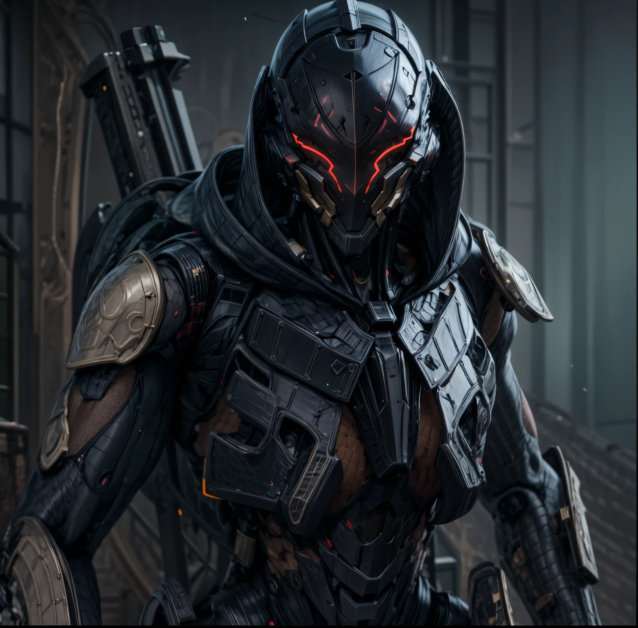 (((An epic and visually stunning digital anime masterpiece:1.4, art piece featuring a ((feminine male:1.5)) elegant military robot soldier clad in a sleek yet tactical armored yet decorated military trench coat:1.3))), (((flat masculine male chest:1.5, mechanical robot head with a hood, glowing orange bar visor:1.5))), (((the character clothed in a (scifi tactical armored double breasted trench coat with a built in exoskeleton, hood pulled up), (((over a form fitted armor plated yet super sleek and sensually revealing under suit:1.6, thighs and waist exposed:1.5))), the armor plating on the upper arms and shoulders beautifully engraved))):1.4, The image showcases the intricacies of the character’s armor and clothing:1.5, ((capturing their flamboyant feminine essence and heavy mechanical art deco aesthetic:1.2)), The character also possesses an androgynous charm, (((with a toned yet heavily muscled gorgeous feminine physique:1.4, a sleek waist:1.2, mesomorphic mechanical muscular armored torso:1.3, toned yet beautifully sleek cybernetic arms:1.3, mechanical arms and legs:1.3, mechanical muscles:1.3))), looking at viewer, (((brass metal armor and brown leather, dieselpunk:1.3))), (((depth of field, cinematic lighting, chromatic aberration, ray tracing, UHD, masterpiece, top of head covered, super detail, high details, high quality, award winning, 8k, highres, artificial muscle:1.4)))