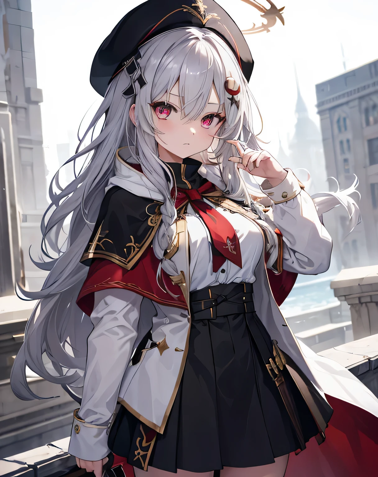 masterpiece,1girl, sparrow, a silver haired girl, wearing a priestess uniform, curly long hair, messy hair, black skirt, red capelet with hoody, slim body, she have a handycam, medium breasts, she close her left eye, shirt ornament, lolippai, white beret, angry face, beautiful breasts, rounded breasts, crimson eyes, break halo