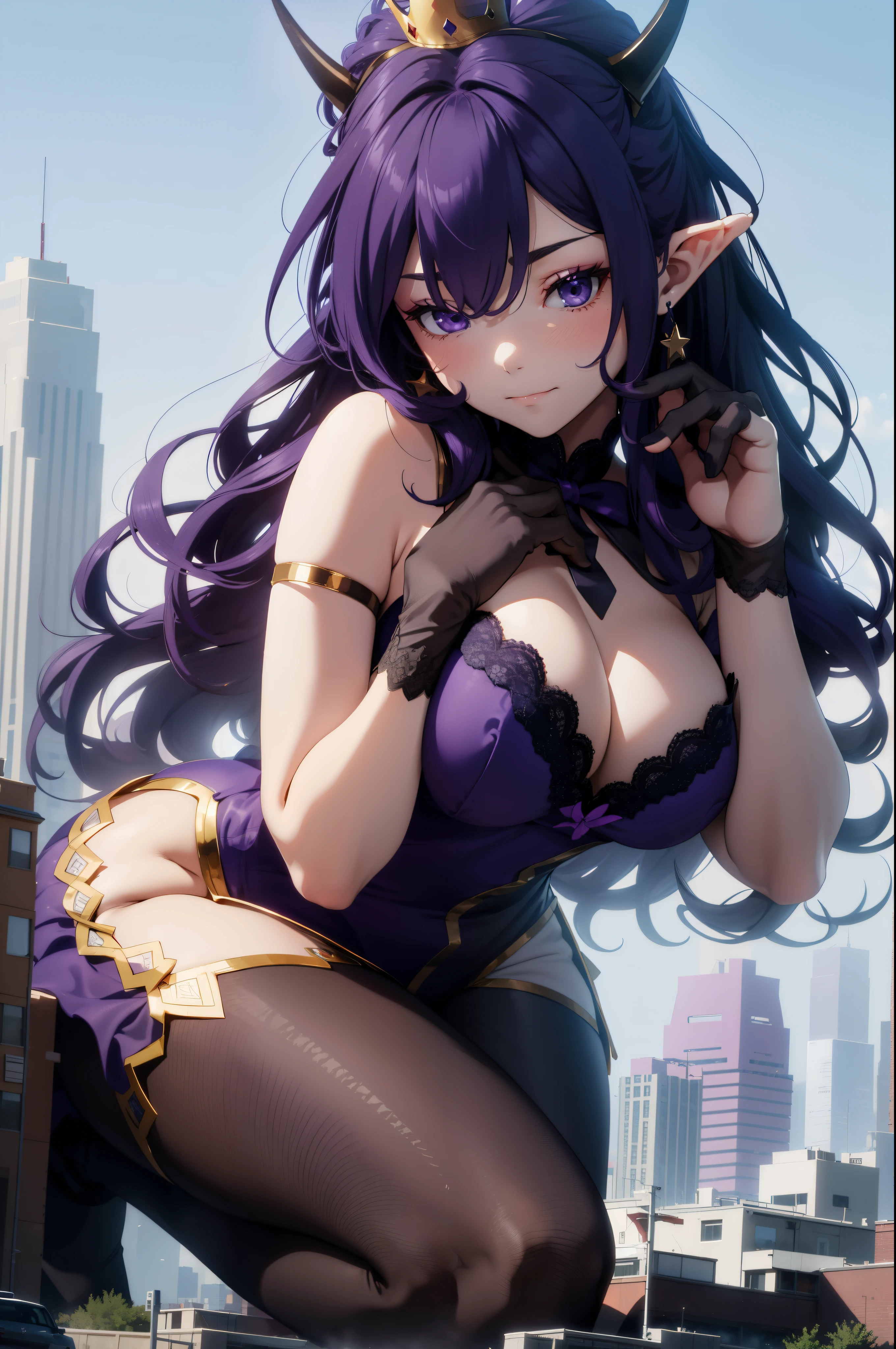giant girl 50,000 feet high,Weight 1000kg,Have a pair of long legs,Has a pair of huge purple angel wings,With huge devil horns on his head,wear a crown on your head,Elf wearing purple earrings,She has long purple hair that reaches her feet,loose hair,Purple wavy long curly hair,Wearing a pair of purple boots,Purple lace gloves,Purple lace pantyhose,Bow and star embellished tights,紫色蕾丝whole body,Touch your hair gracefully with your hands,Sit on a tall building,Beautiful appearance,Exquisite makeup,quality,8k,高quality,Perfect proportion, Cinema lighting,film grain,Fuji colors,8k,textured skin,Super details,high detail,high resolution,fake smile,blood stains,脚底有blood stains,whole body,fat,elf princess,feather,flowers