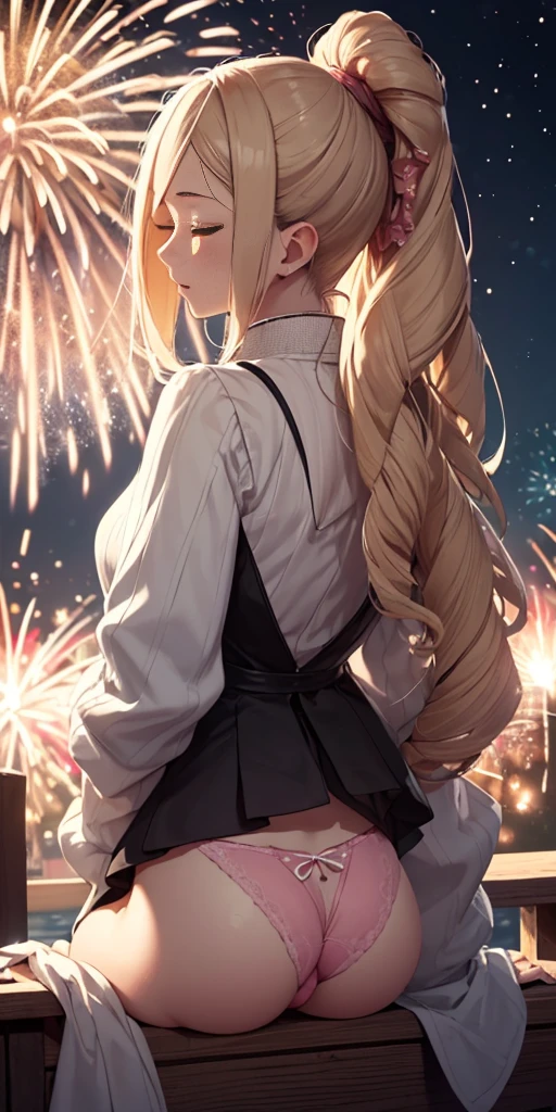 (((masterpiece))), (1girl:1.5), hyper detailed, highres, ((best quality)), (extremely delicate and beautiful), {8k cg wallpaper}, illustration, (blush), (braided ponytail | ponytail | hairbun), (extremely detailed background:1.6), (very long black hair|blonde hair), detailed face, night, festival, outdoors, lantern, (fireworks:1.4), paper lantern, snow, wind, snowflakes, hair ornament, closed eyes, (from behind:1.3), sitting, river, riverbank, starry sky, (holding hands:0.6), leaning on person, showing pink thong, nice ass
