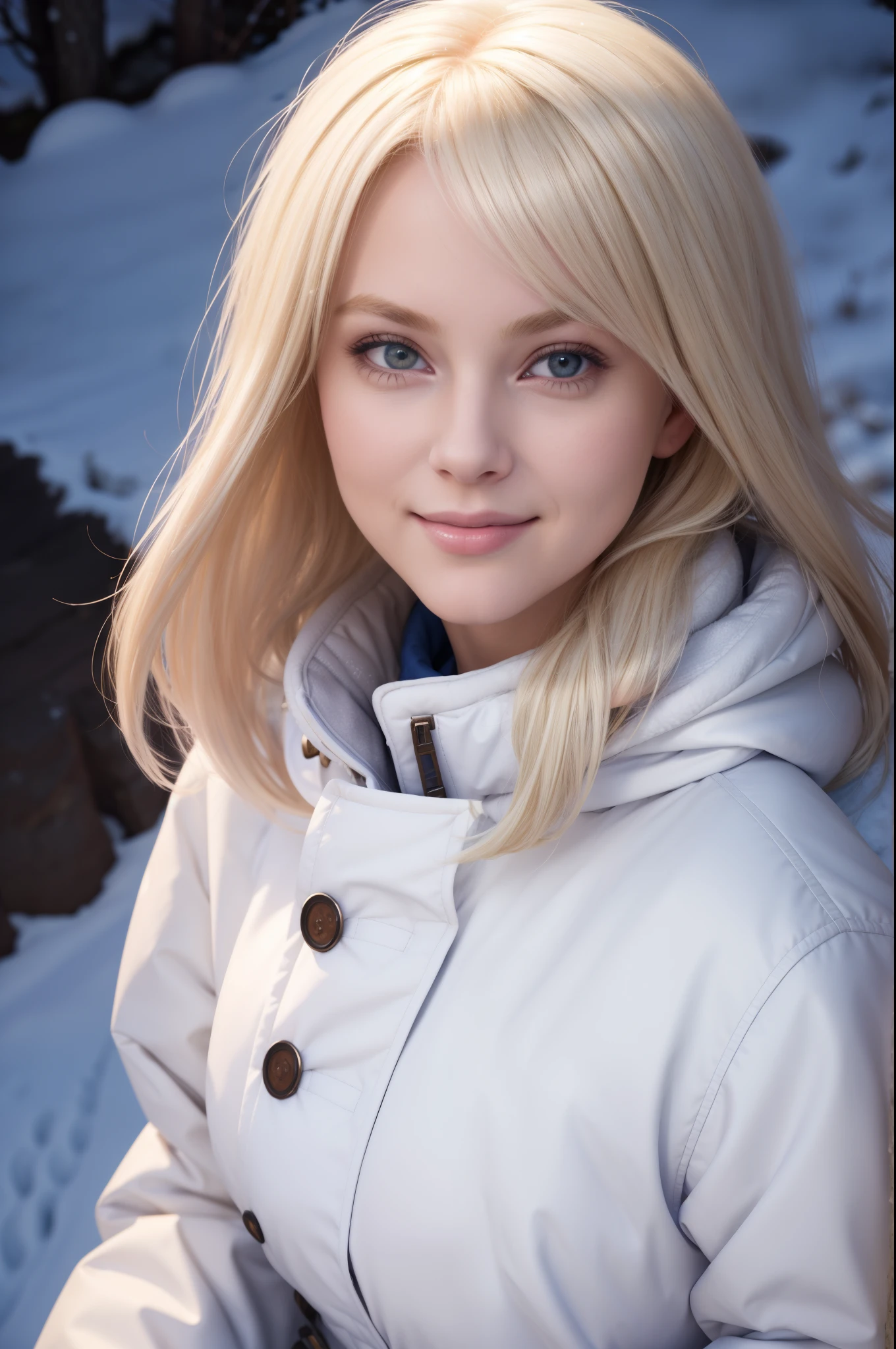 (masterpiece), (highest quality), 1 girl, (perfect face:1.2), (beautiful face:1.2), platinum blonde hair, (From above, Upper body:1.3), Happy, light smile, looking at the viewer, Pause, 
winter coat, outdoor, winter, snow, at night, Complex, Depth of bounds written, cinematic lighting,