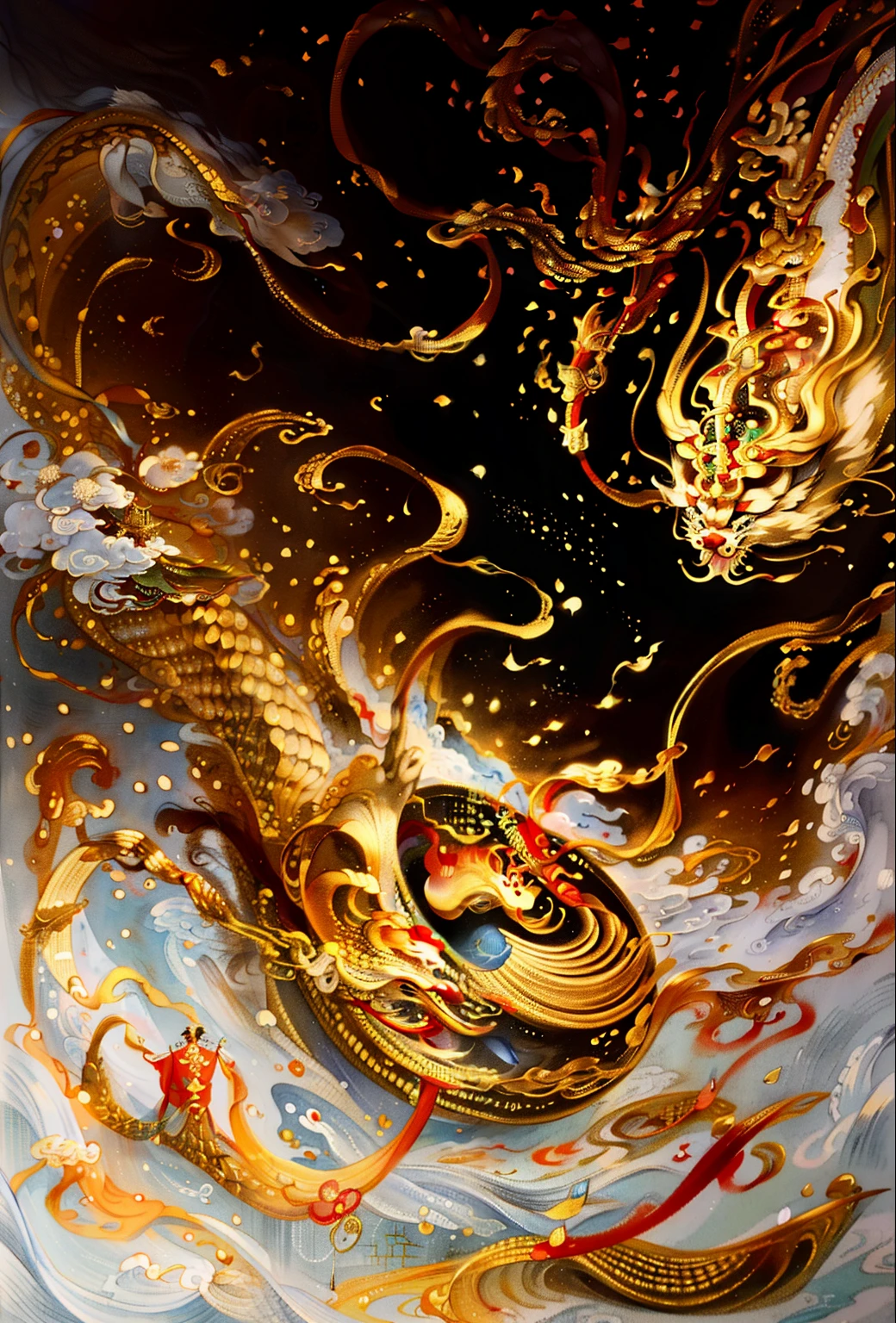 (best quality,4k,8k,highres,masterpiece:1.2),ultra-detailed,realistic,ancient Chinese painting,ancient Chinese background,Chinese New Year,Chinese dragon,traditional ink painting,exquisite brushwork,serene watercolor effect,delicate lines and shading,vibrant red and gold colors,