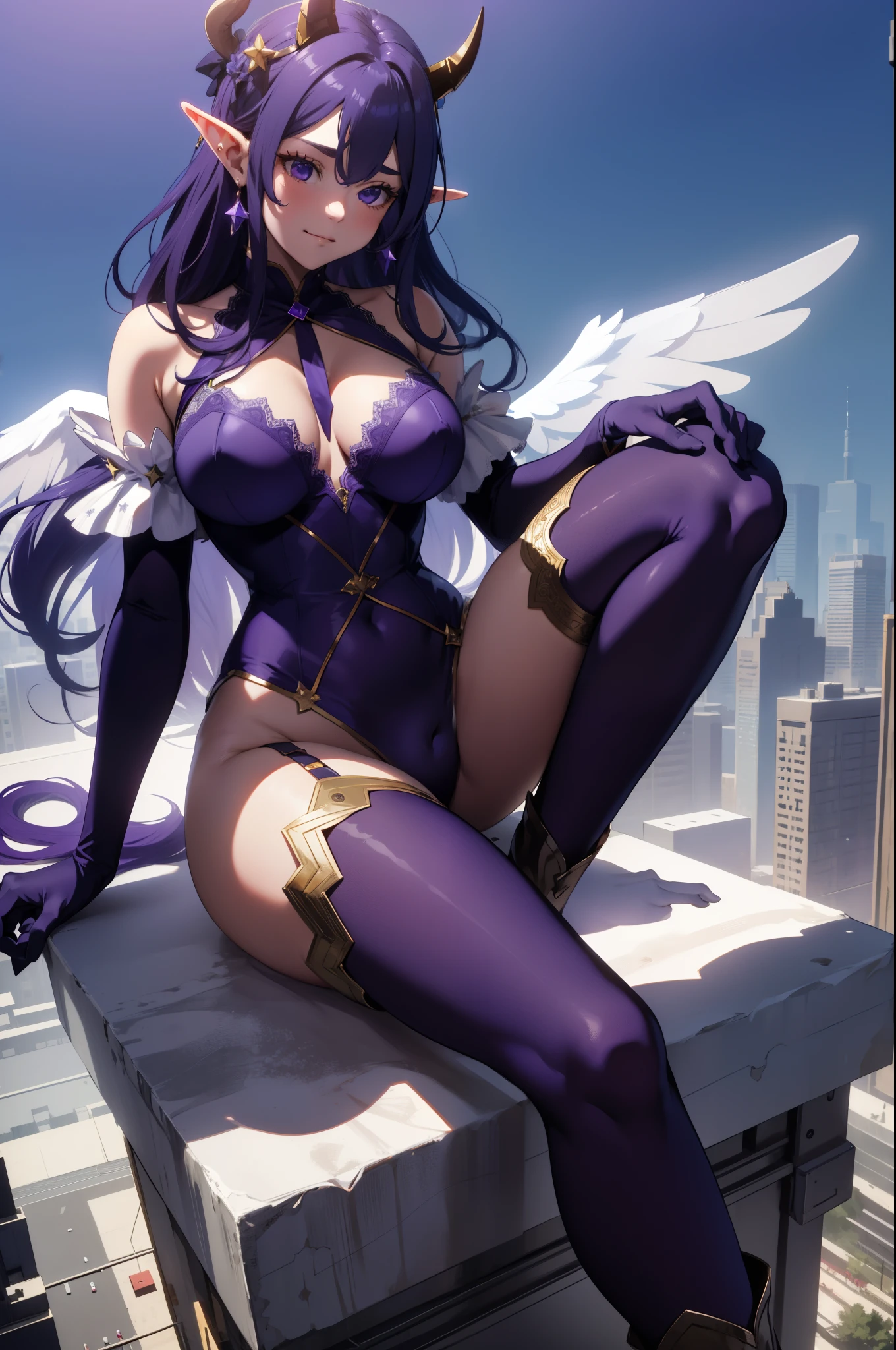 giant girl 50,000 feet high,Weight 1000kg,Has a pair of long legs,Has a pair of huge purple angel wings,With huge devil horns on his head,crown on head,Elf wearing purple earrings,She has long purple hair that reaches her feet,loose hair,Purple wavy long curly hair,Wearing a pair of purple boots,Purple lace gloves,Purple lace pantyhose,Pantyhose with bow and star decorations,紫色蕾丝whole body,Combing hair elegantly with hands,sitting on a tall building,Beautiful appearance,Exquisite makeup,quality,8k,高quality,Perfect proportion, Cinema lighting,film grain,Fuji colors,8k,textured skin,Super details,high detail,high resolution,fake smile,blood stains,脚底有blood stains,whole body,Obese,elf princess,feather,flowers