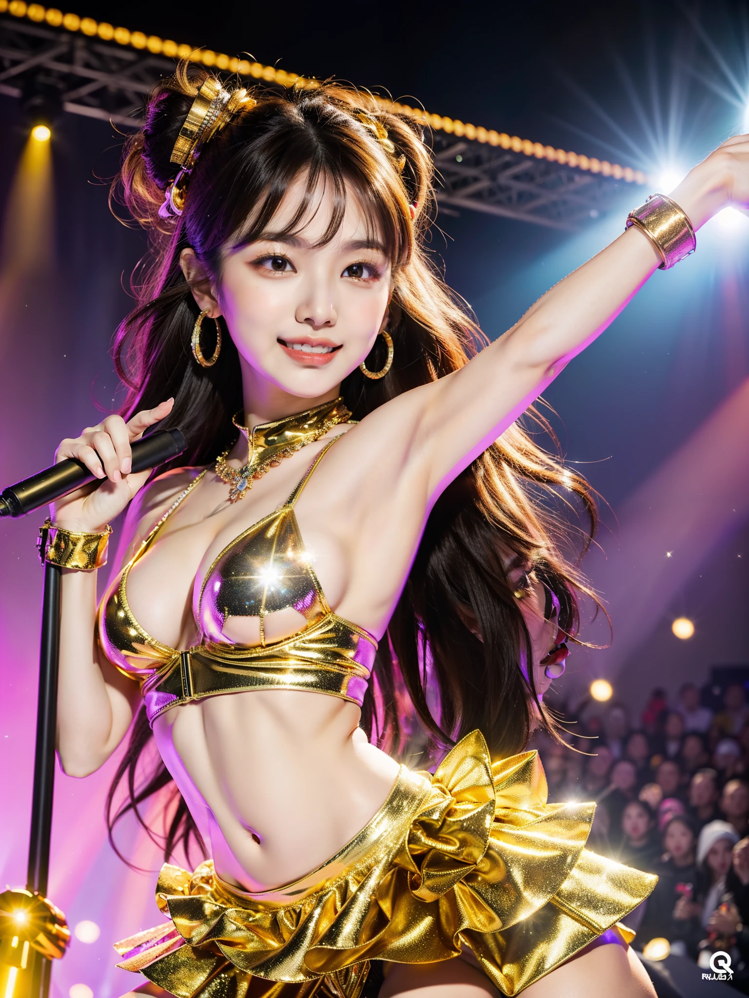 Morning Musume's Eri Kamei takes center stage, Basking in the glow of concert lights. She wears a shimmering gold costume, Reflects the grandeur of her idol status. The energy of a live concert lives in the background, Complete with dynamic lighting and atmospheric smoke effects. Her radiant smile, Show off her pristine white teeth, Contrasts beautifully with the dramatic setting. This image is、It should be a testament to the grandeur of idle performance, Render in ultra-realistic detail with a 16K camera.
--16 pieces:9-5 o'clock.1 --Style Raw --Q 2 --S 750