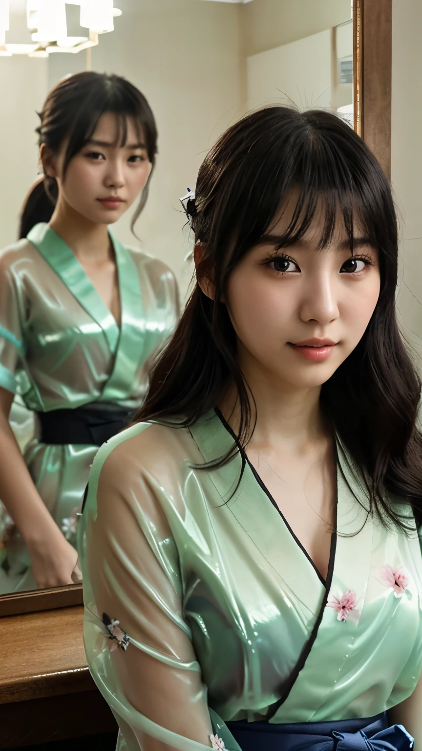 最high quality、high quality、best image quality、8K、最High resolution、High resolution、最high quality、masterpiece、realistic pictures、RAW photo、realistic atmosphere、(detailed face)、(fine hands、thumb１reference４)、(beauty of japan )、very nice face、cute face、((beautiful japanese girl))、(woman), ((18 year old beautiful girl))、(glossy black hair)、(straight long hair)、(ponytail)、whole body、slim style、(shiny skin)、(Fair skin, Glossy skin)、real human skin、realistic human body structure、perfect body， perfect face， perfect hands， perfect fingers， perfect lips， perfect eyes，perfect teeth、perfect background， perfect atmosphere， soft natural light、samurai kimono、maiko kimono、servant、geisha kimono、japanese kimono、Furisode、kimono、Yukata、japanese traditional、((There is a very large mirror in the room.))、((sit with your knees bent in front of the mirror(Girl in the back))、((The girl in front of the mirror and the girl in the mirror are identical twins.))、((The twins in front of the mirror and in the mirror are looking at each other.))、((The twin girls all look the same and are facing each other.))、((colorful transparent see-through(flowery kimono、Hakama with side slits))、Angle from diagonally behind
