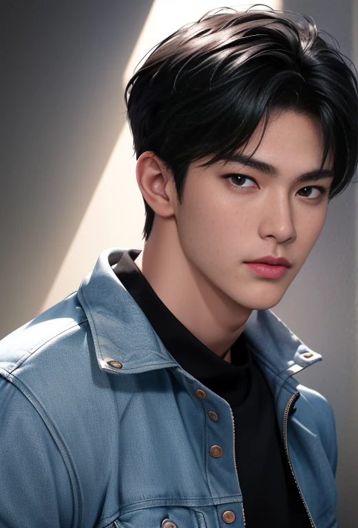 High quality, masterpiece, highly detailed, 8k, perfect face, perfect body, realistic, photogenic, man, Asian, black hair, short hair, handsome, detailed eyes, beautiful detailed nose, realistic body, realistic light, comfortable expressions, cute guy, sweat guy, cool guy, abs sixpack, model style, full body, clean skin, jacket