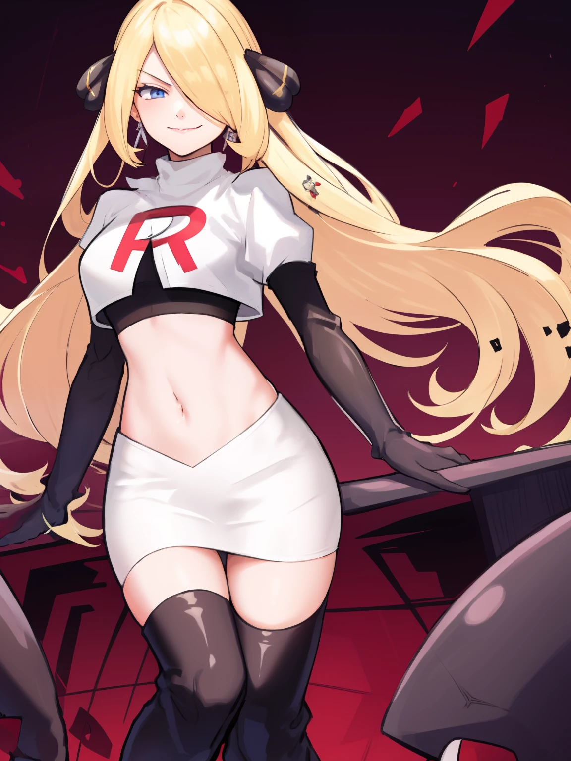 cynthia (pokemon), 1girl, solo ,blonde hair, blue eyes ,hair covering one eye, hair ornament ,glossy lips, earings ,team rocket uniform, red letter R, white skirt,white crop top,black thigh-high boots, black elbow gloves, closed mouth, evil smile, 