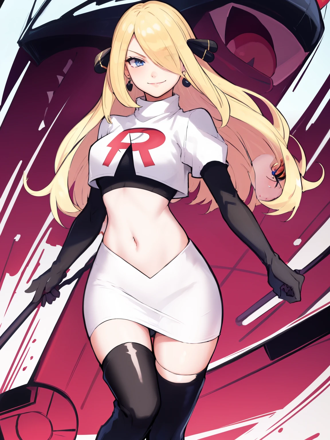 cynthia (pokemon), 1girl, solo ,blonde hair, blue eyes ,hair covering one eye, hair ornament ,glossy lips, earings ,team rocket uniform, red letter R, white skirt,white crop top,black thigh-high boots, black elbow gloves, closed mouth, evil smile, 