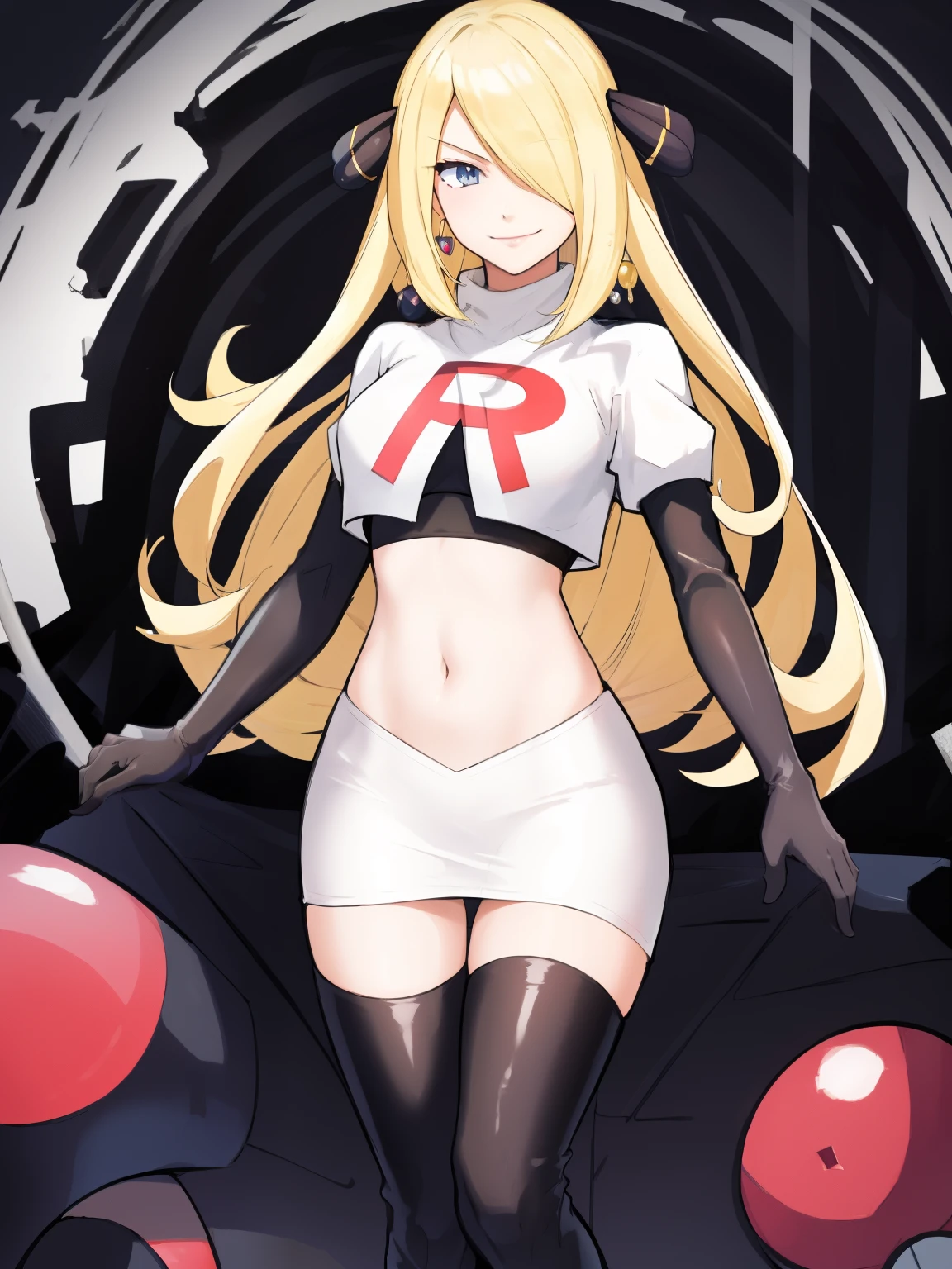 cynthia (pokemon), 1girl, solo ,blonde hair, blue eyes ,hair covering one eye, hair ornament ,glossy lips, earings ,team rocket uniform, red letter R, white skirt,white crop top,black thigh-high boots, black elbow gloves, closed mouth, evil smile, 