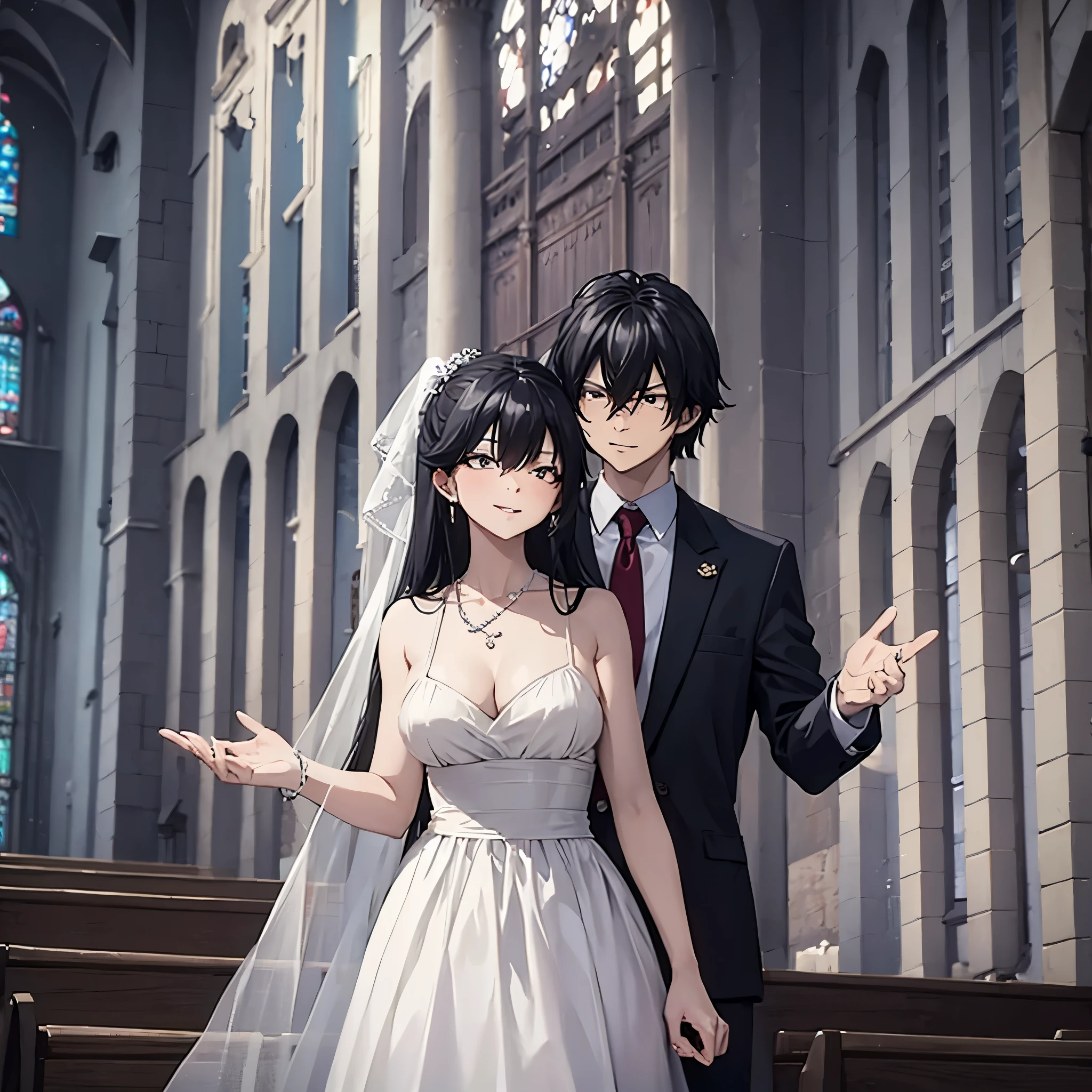 a man in a black suit holding the hand of a woman (eye red) in a white wedding outfit in a church, smiling, perfect features perfect face