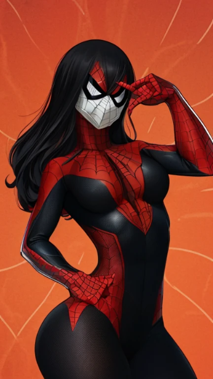 (obra de arte), (melhor qualidade), high resolution, Kei1, 1 garota, Sozinho, olhos azuis, Cabelo longo, (((wears a detailed black female Spider-Man costume with mask)))), fita em forma de teia de aranha, franja, Cabelo longo and price, clavicle, cabelo grisalho, faixa de cabelo preto, neck ribbon, cabelo entre os olhos, Medium sized breasts, tiro de vaqueiro, sorriso, ((Anatomically correct detailed body with error-free detailed hands)),  ((Ela tem pose de batalha)), (She&#39;s shooting cobwebs like Spider-Man, mas com gelo afiado), (Detailed full scenario) just with the mask on my face covering my eyes 