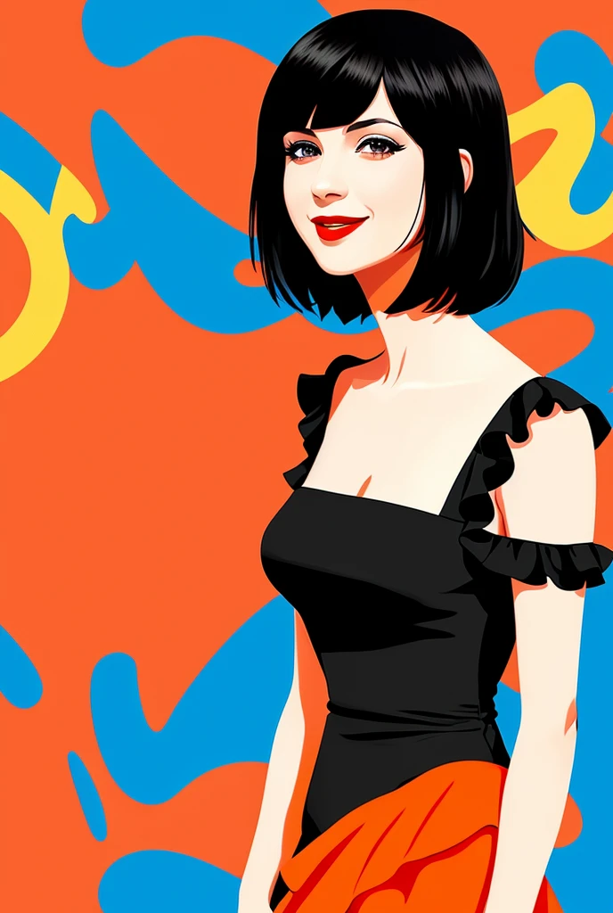 A Female with Black Bob Cut, Blue Eyes, Red Lips, Bare Shoulders, flamenco dress, orange ruffle off the shoulder top, black maxi dress, smile, graffiti art, flat illustration style, minimalist, red simple background. 1 girl, solo