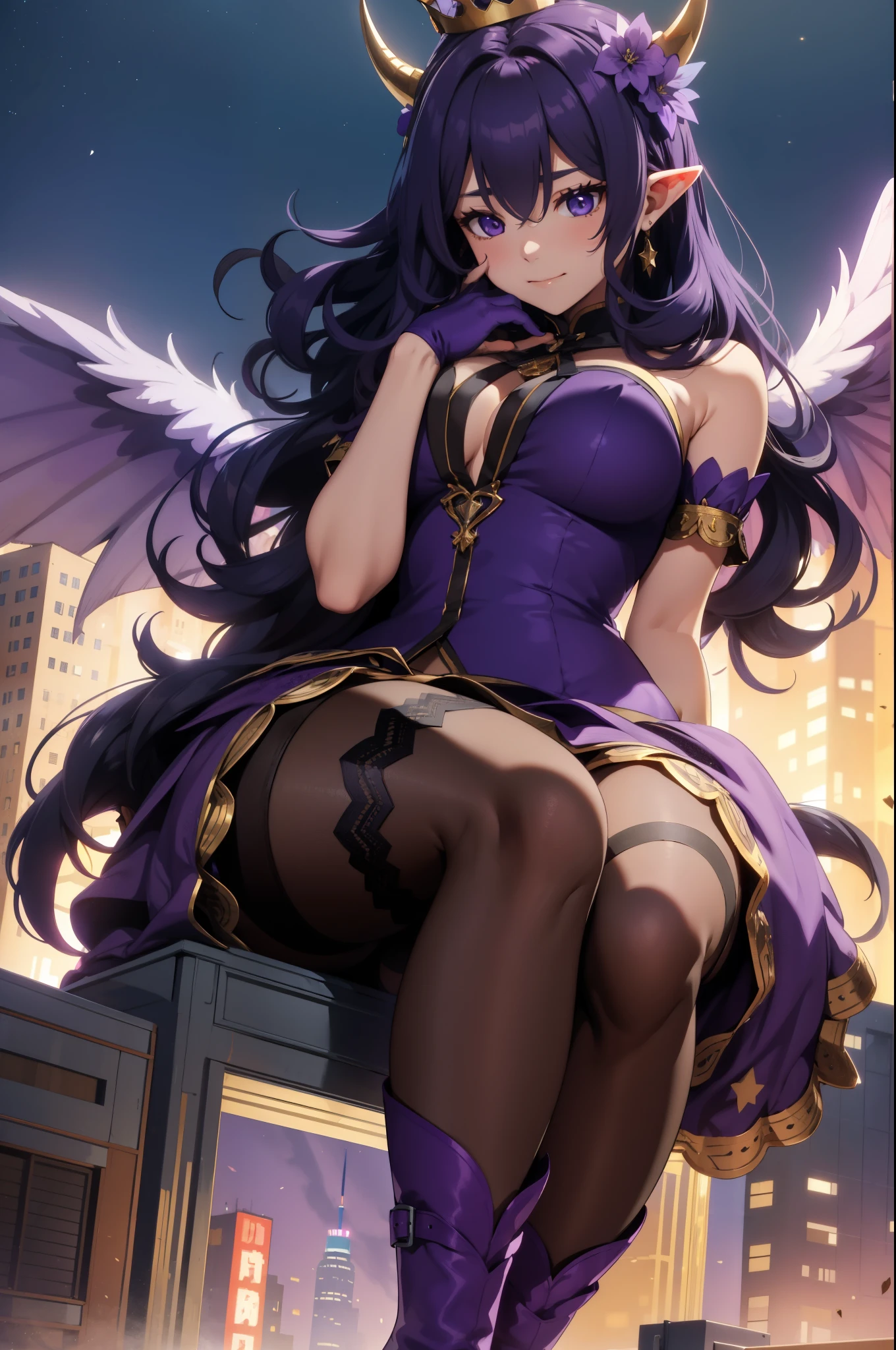 giant girl 50,000 feet high,Weight 1000kg,Has a pair of long legs,Has a pair of huge purple angel wings,With huge devil horns on his head,crown on head,Elf wearing purple earrings,She has long purple hair that reaches her feet,loose hair,Purple wavy long curly hair,Bangs,Wearing a pair of purple boots,Purple lace gloves,Purple lace pantyhose,Pantyhose with bow and star decorations,紫色蕾丝whole body,Stroking your hair gracefully with your hands,sitting on a tall building,Beautiful appearance,Exquisite makeup,quality,8k,高quality,Perfect proportion, Cinema lighting,film grain,Fuji colors,8k,textured skin,Super details,high detail,high resolution,fake smile,blood stains,脚底有blood stains,whole body,Obese,elf princess,feather,flowers