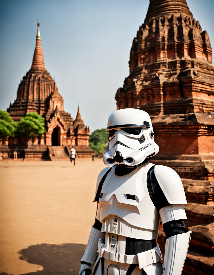 raw photo, tilt shift, sci-fi, stormtrooper, [bold contrasts],  sharp focus, Bagan ancient big pagoda background